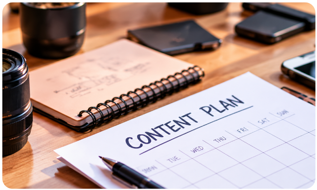 Mesa de trabajo con materiales para crear contenido